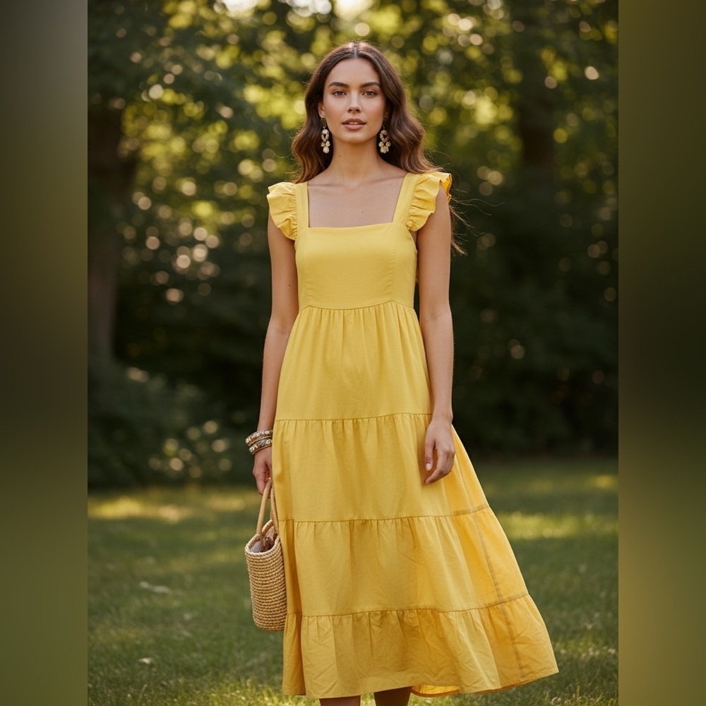 Yellow Ruffled Sleeveless tiered maxi Dress size large Cottagecore